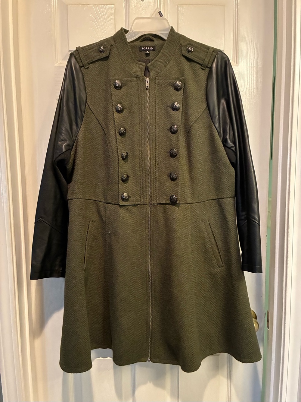 torrid Olive Military-Style Peacoat with Black Faux Leather Sleeves